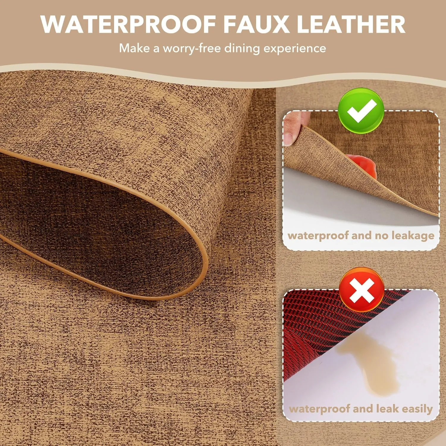 Round Placemats Set of 4, Reversible Faux Leather Heat Resistant Table Mats, 100% Waterproof Oilproof Wipeable Table Protective Placemats for Vinyl, Washable for Indoor & Outdoor Use (4, Light Brown)