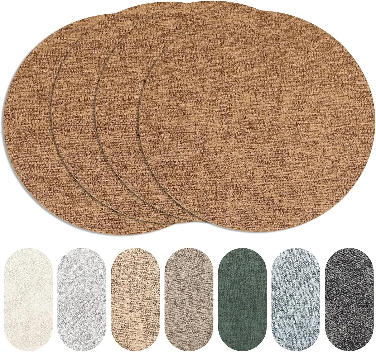Round Placemats Set of 4, Reversible Faux Leather Heat Resistant Table Mats, 100% Waterproof Oilproof Wipeable Table Protective Placemats for Vinyl, Washable for Indoor & Outdoor Use (4, Light Brown)
