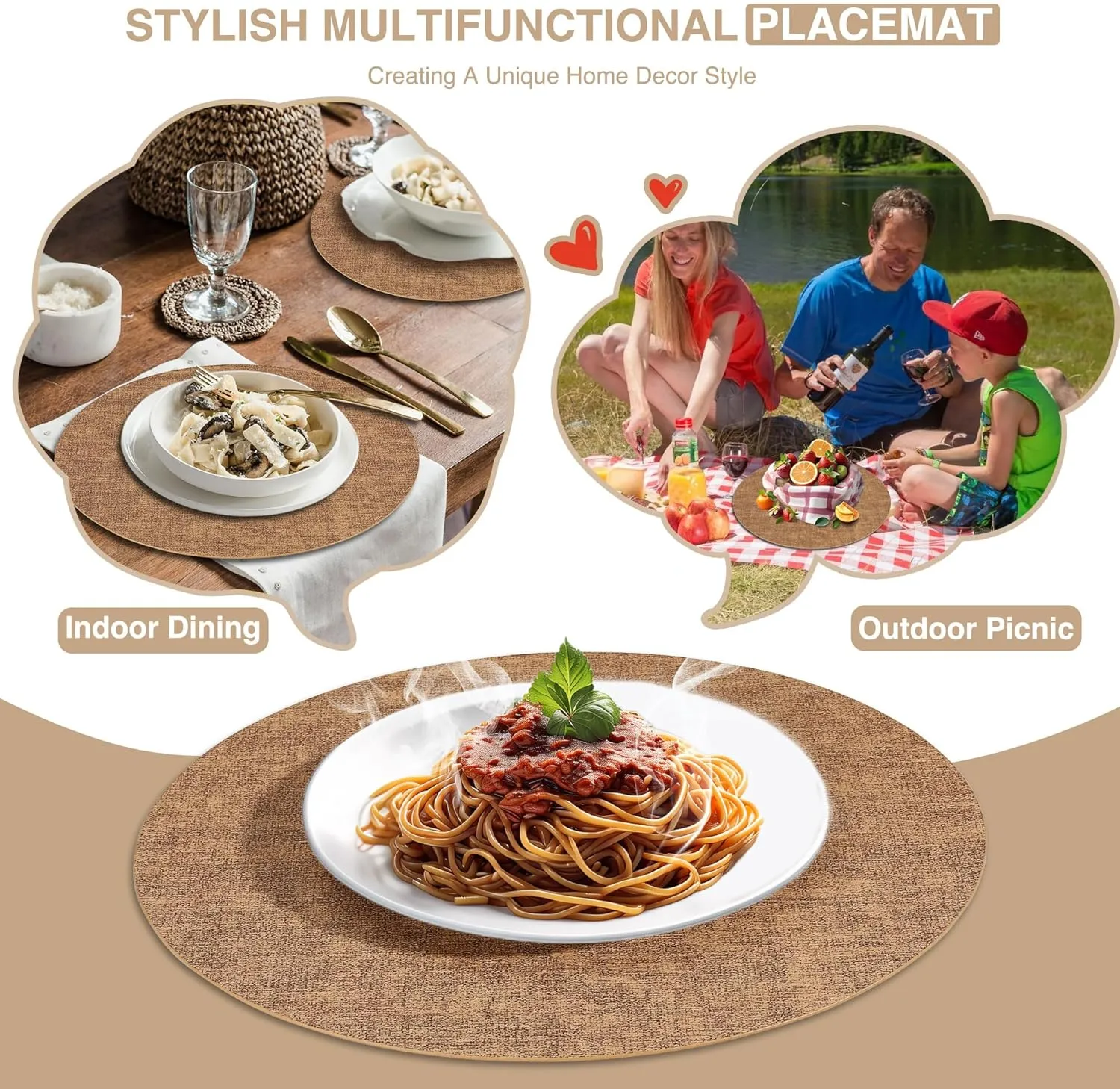 Round Placemats Set of 4, Reversible Faux Leather Heat Resistant Table Mats, 100% Waterproof Oilproof Wipeable Table Protective Placemats for Vinyl, Washable for Indoor & Outdoor Use (4, Light Brown)