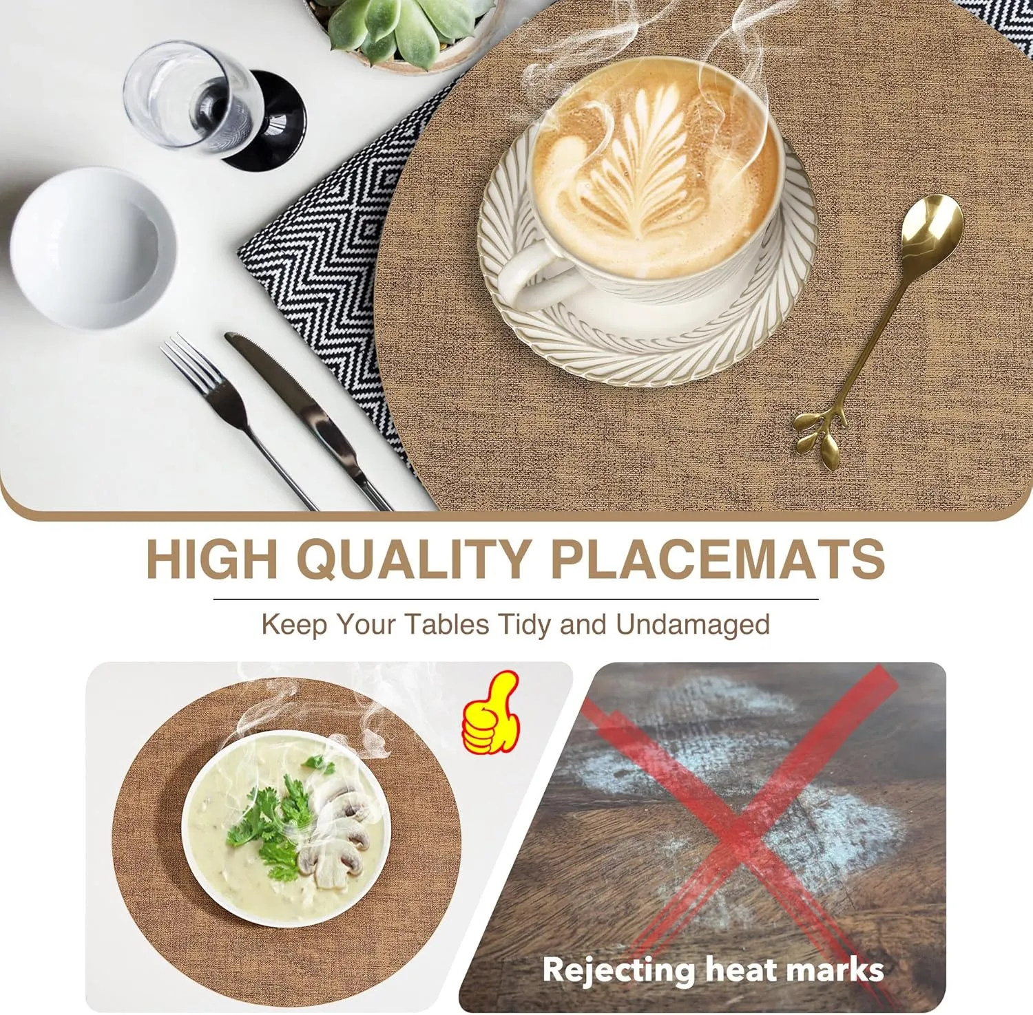 Round Placemats Set of 4, Reversible Faux Leather Heat Resistant Table Mats, 100% Waterproof Oilproof Wipeable Table Protective Placemats for Vinyl, Washable for Indoor & Outdoor Use (4, Light Brown)