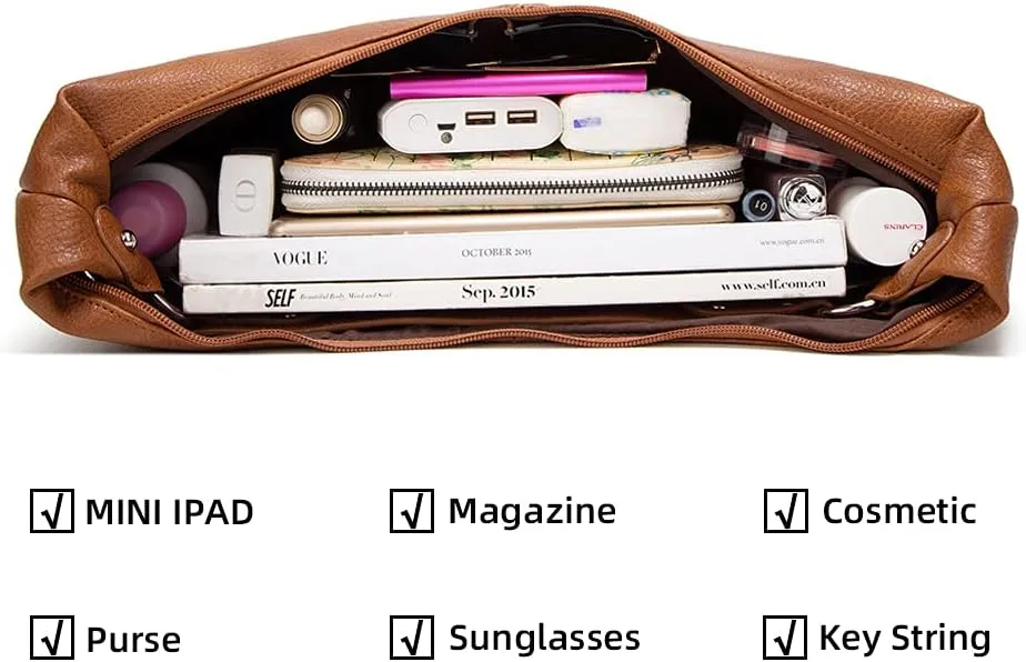 ROUROU Hobo Tote Bag for Women Soft Faux Leather Shoulder Bag Retro Satchel Zipper Closure Handbag Large Capacity Purse