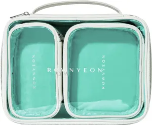 ROWNYEON 3-Piece Premium Cosmetic Organizer Set - Clear PVC & Faux Leather Storage Bags with Jewel-Tone Blue Lining, Waterproof Travel Toiletry Cases for Home/Carry-On (Jumbo/Medium/Mini)