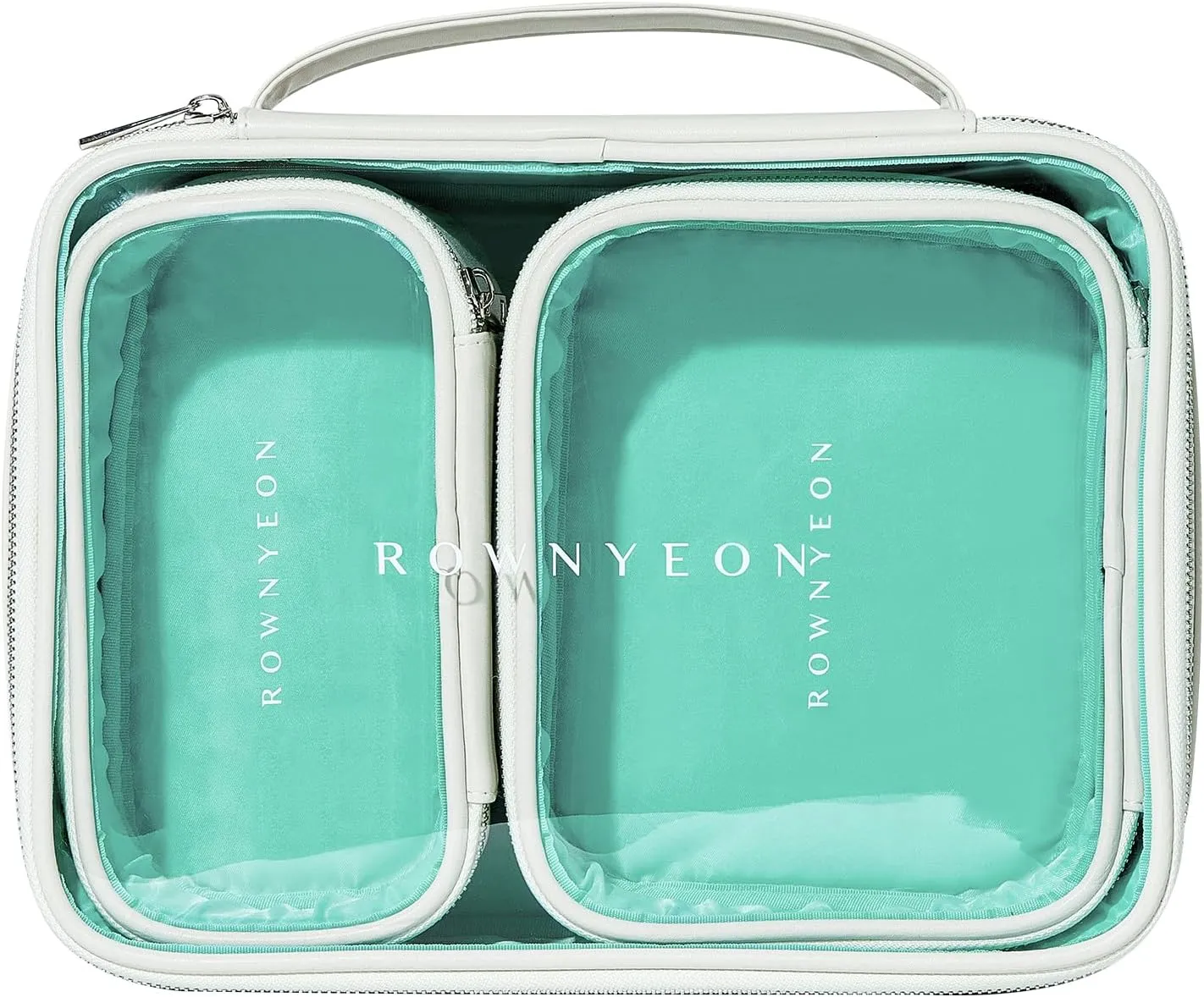 ROWNYEON 3-Piece Premium Cosmetic Organizer Set - Clear PVC & Faux Leather Storage Bags with Jewel-Tone Blue Lining, Waterproof Travel Toiletry Cases for Home/Carry-On (Jumbo/Medium/Mini)