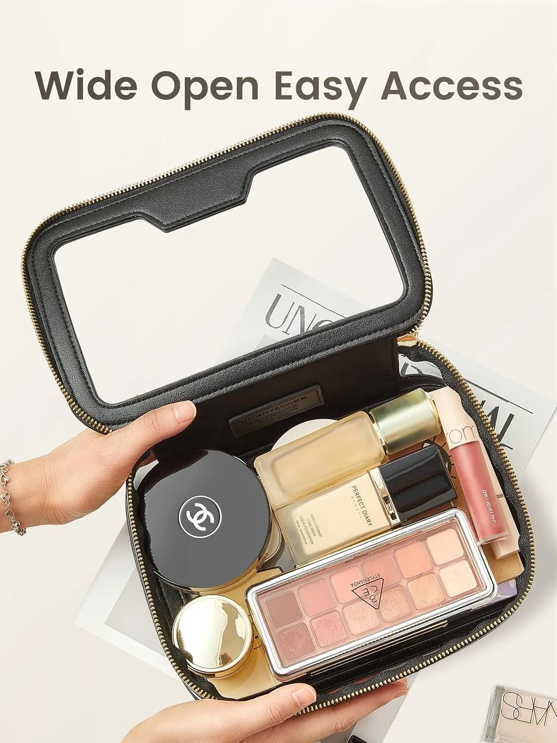 ROWNYEON Clear Makeup Case Toiletry Bag Multipurpose Travel Makeup Train Case Portable Cosmetic Organizer Transparent Storage Bag （Black）