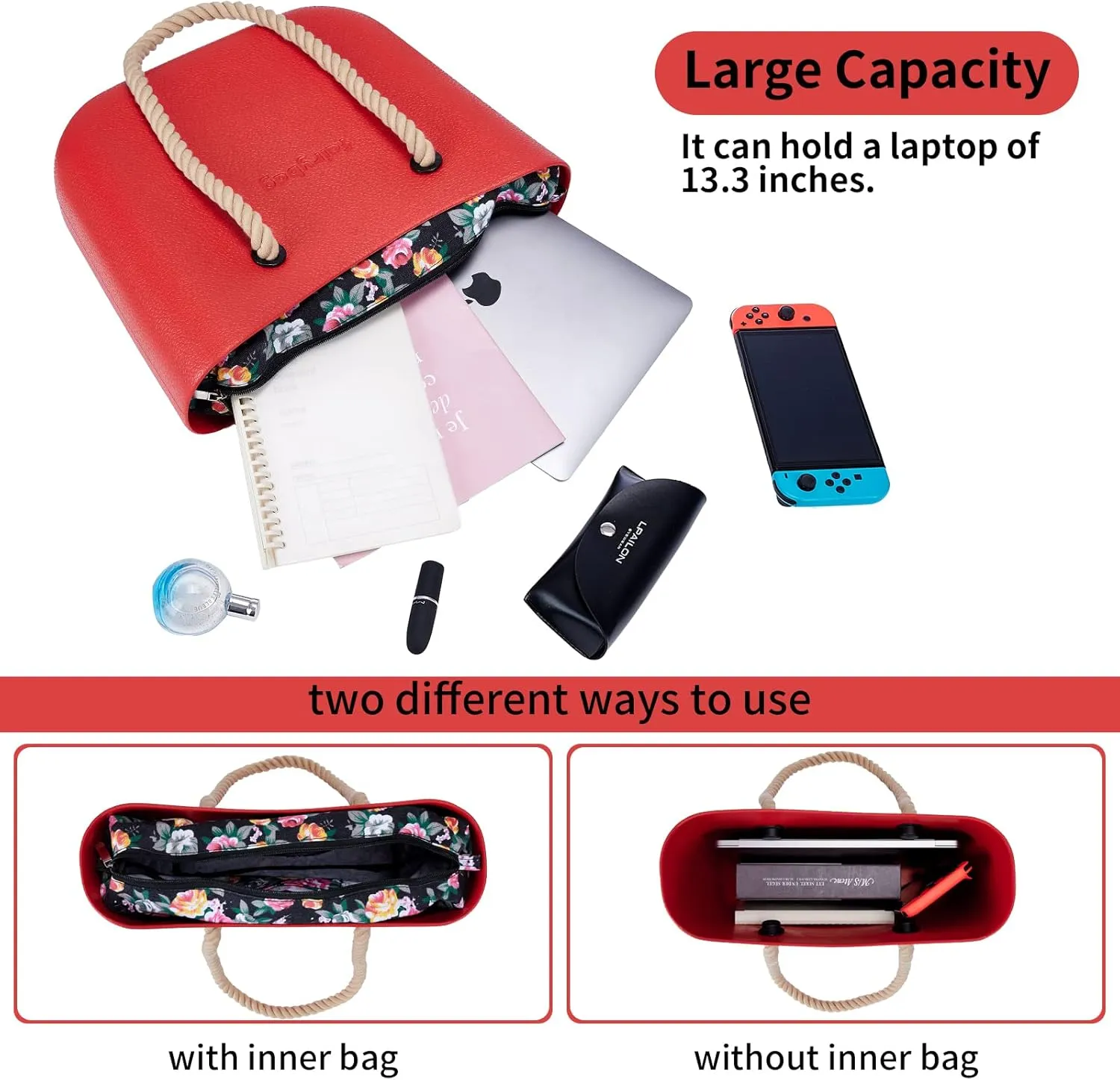 Rubber Tote Handbag with Rope Handles and Faux Leather Strap Lightweight Waterproof Shoulder Bag with EVA Foam Rubber