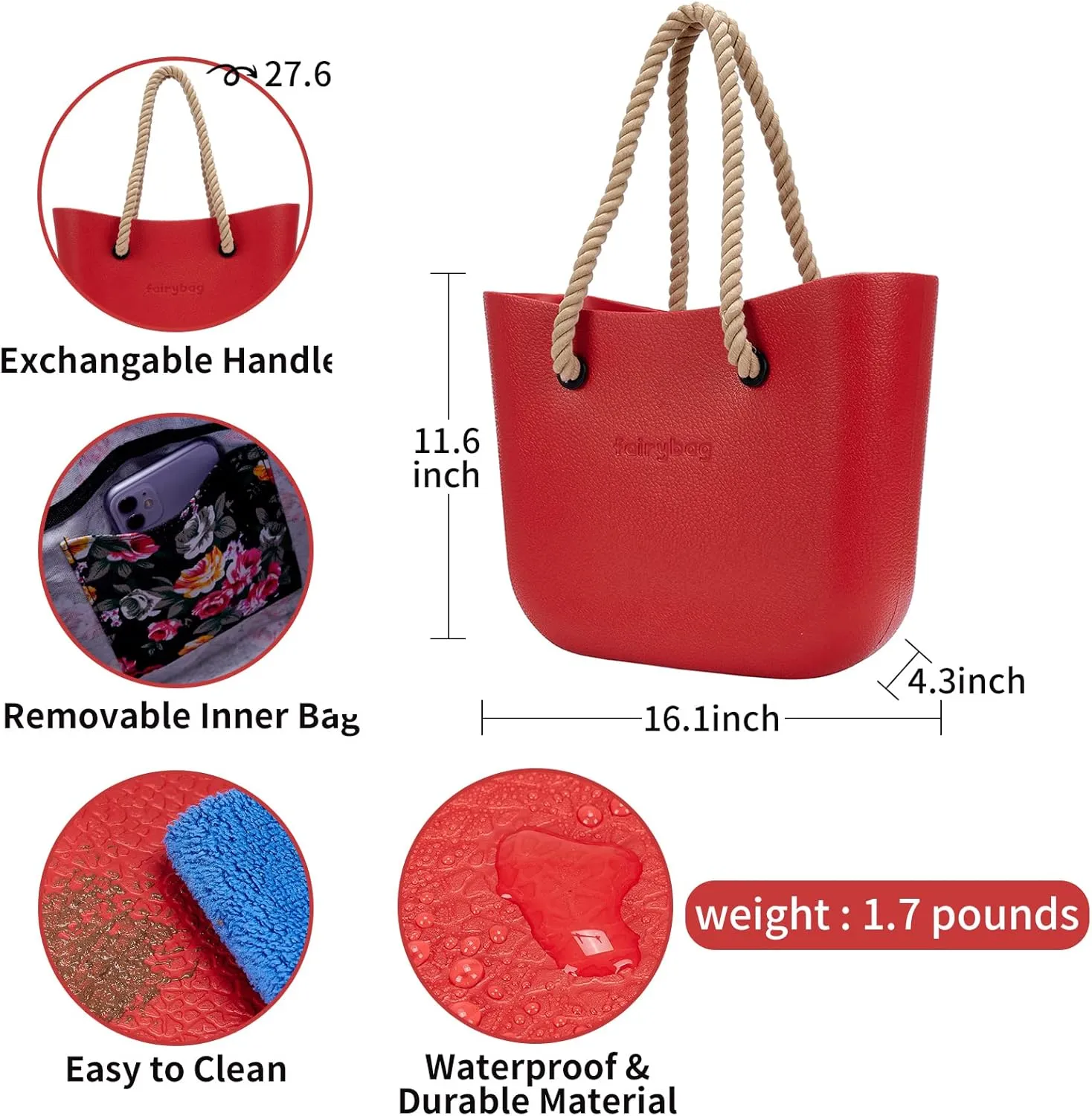 Rubber Tote Handbag with Rope Handles and Faux Leather Strap Lightweight Waterproof Shoulder Bag with EVA Foam Rubber