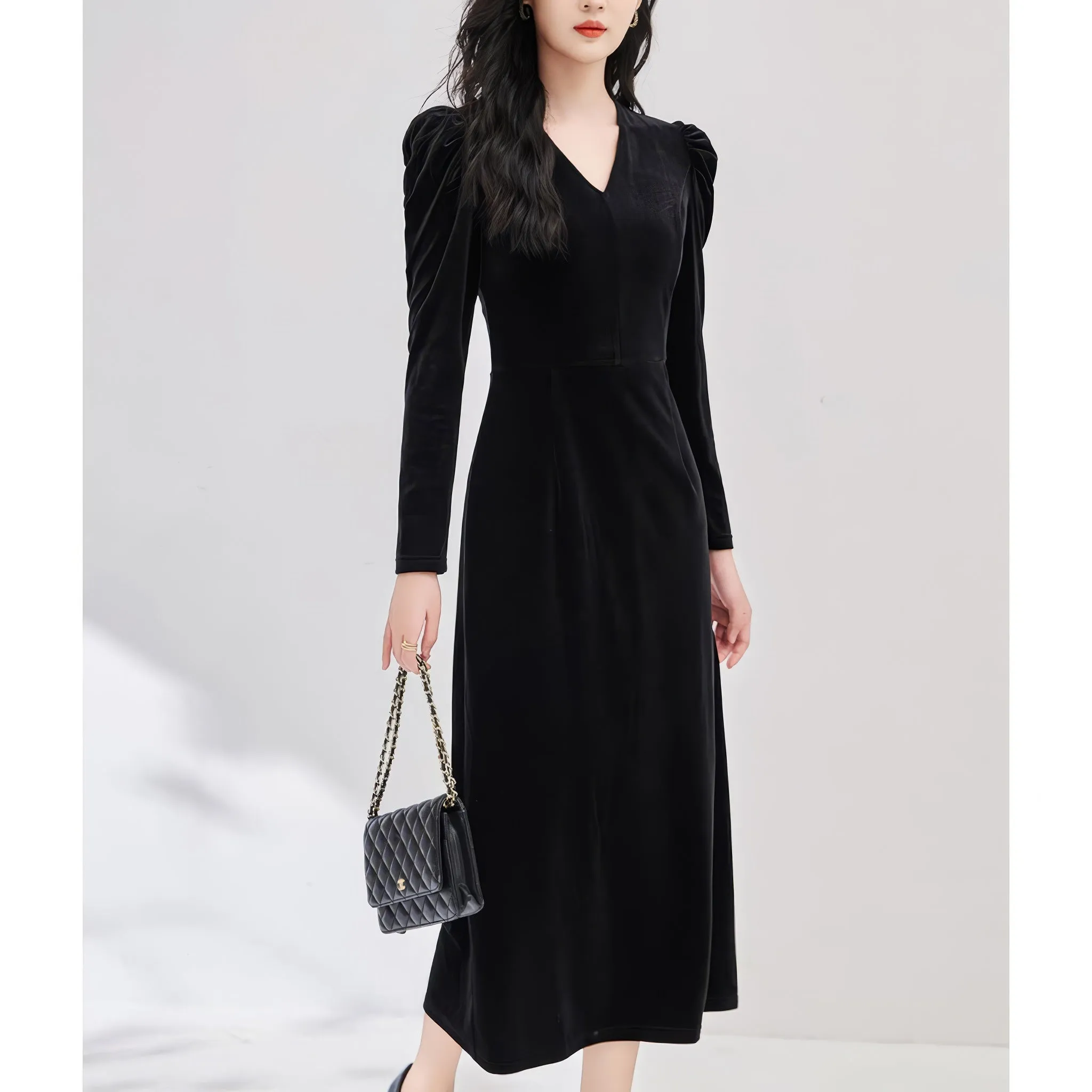 Ruched Shoulder Velvet Black Dress