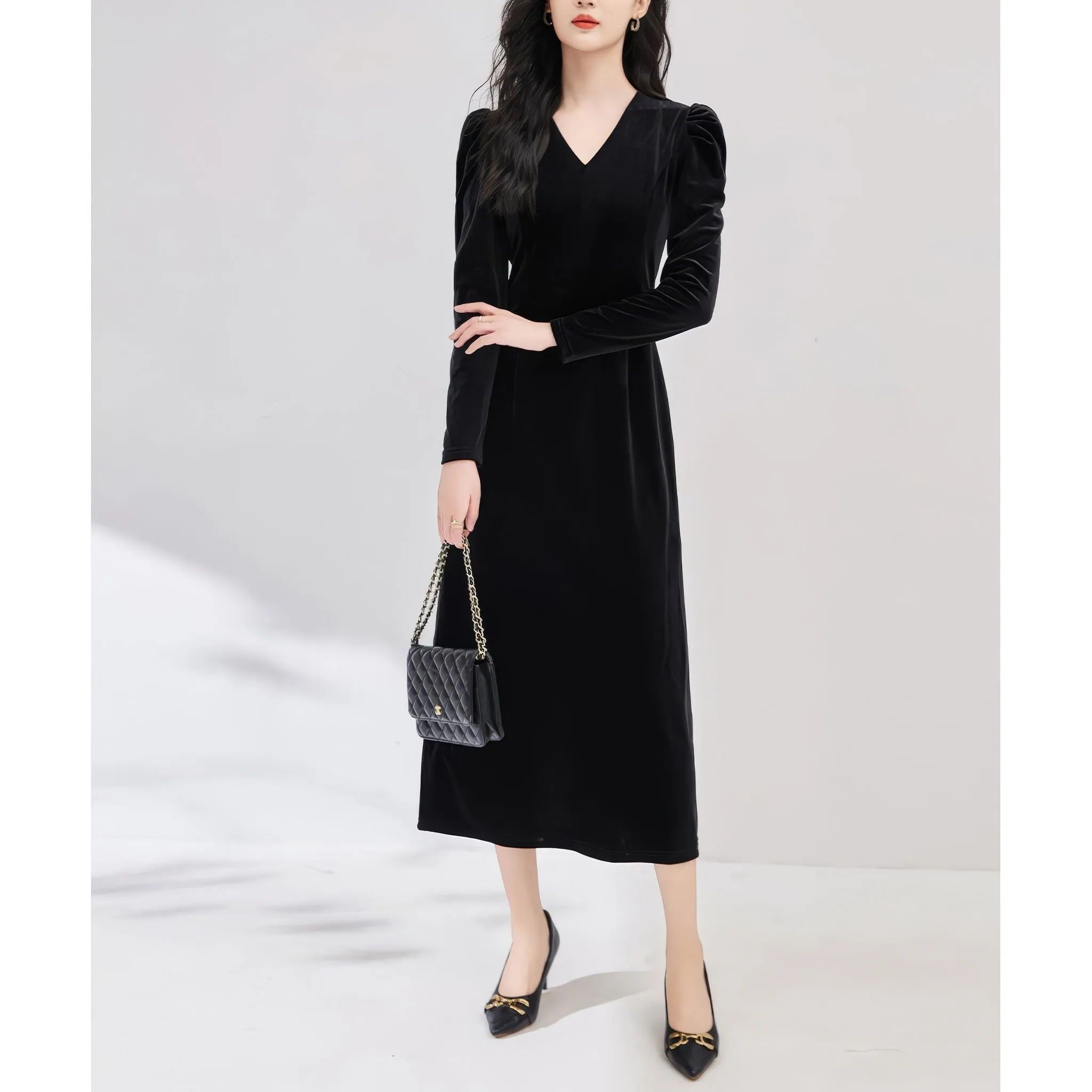 Ruched Shoulder Velvet Black Dress