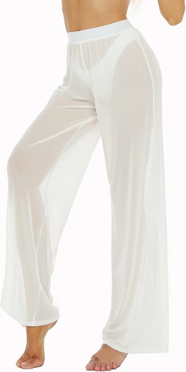 RUEWEY Women See Throug Mesh Flare Cover up Pants Swimsuit Bikini Bottom Cover up Elastic Waist Wide Leg Palazzo Trousers