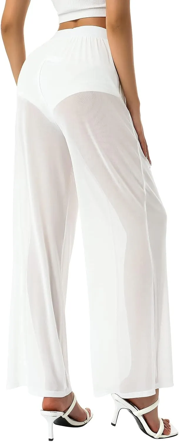 RUEWEY Women See Throug Mesh Flare Cover up Pants Swimsuit Bikini Bottom Cover up Elastic Waist Wide Leg Palazzo Trousers