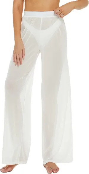 RUEWEY Women See Throug Mesh Flare Cover up Pants Swimsuit Bikini Bottom Cover up Elastic Waist Wide Leg Palazzo Trousers