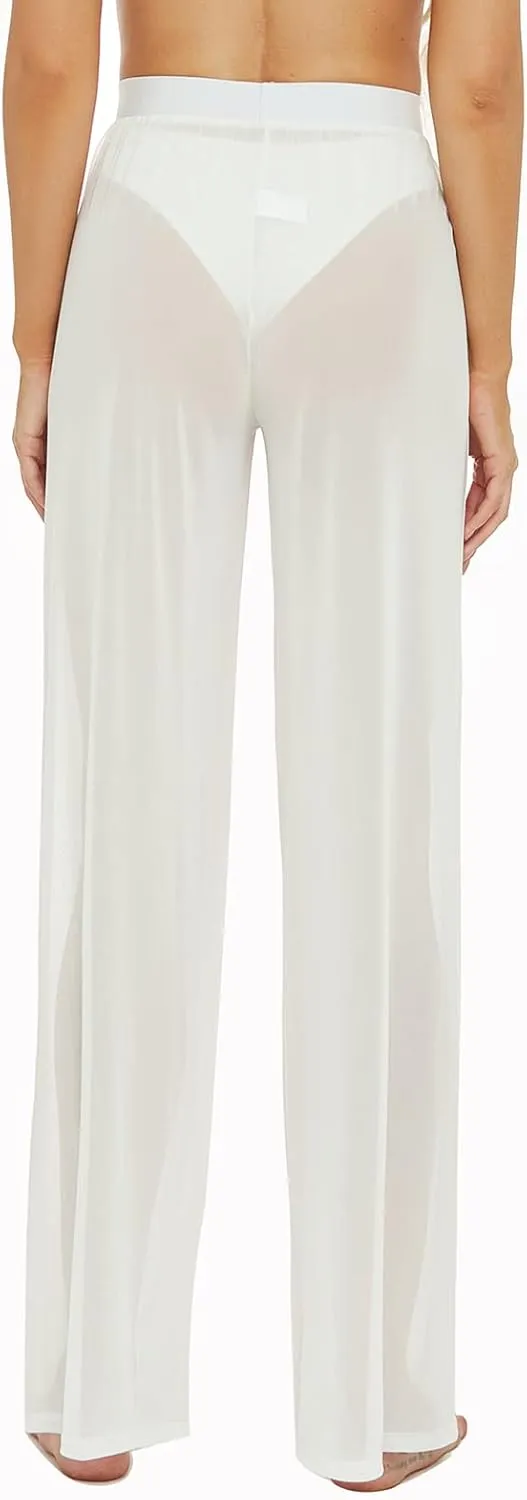 RUEWEY Women See Throug Mesh Flare Cover up Pants Swimsuit Bikini Bottom Cover up Elastic Waist Wide Leg Palazzo Trousers