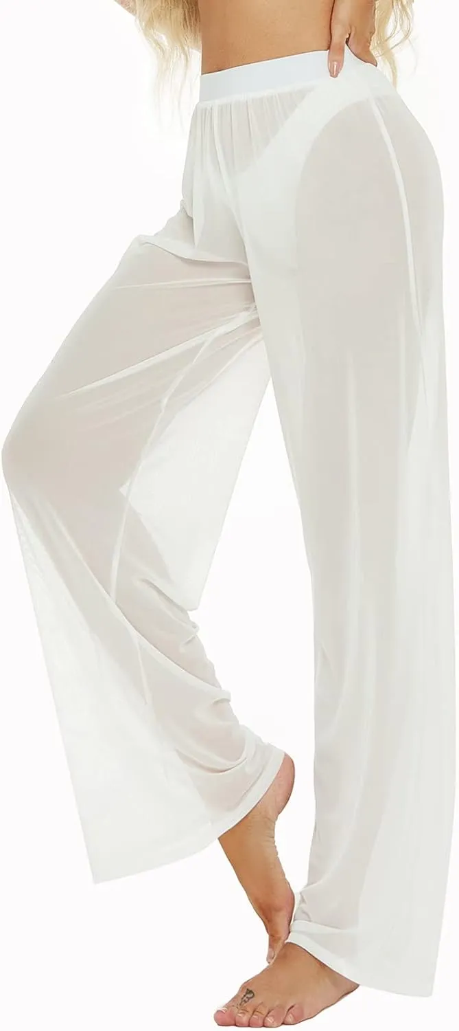 RUEWEY Women See Throug Mesh Flare Cover up Pants Swimsuit Bikini Bottom Cover up Elastic Waist Wide Leg Palazzo Trousers
