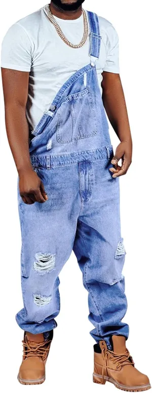 Runcati Men's Denim Bib Overall Ripped Distressed Jean Fashion Casual Adjustable Strap Loose Fit Hippie Jumpsuit