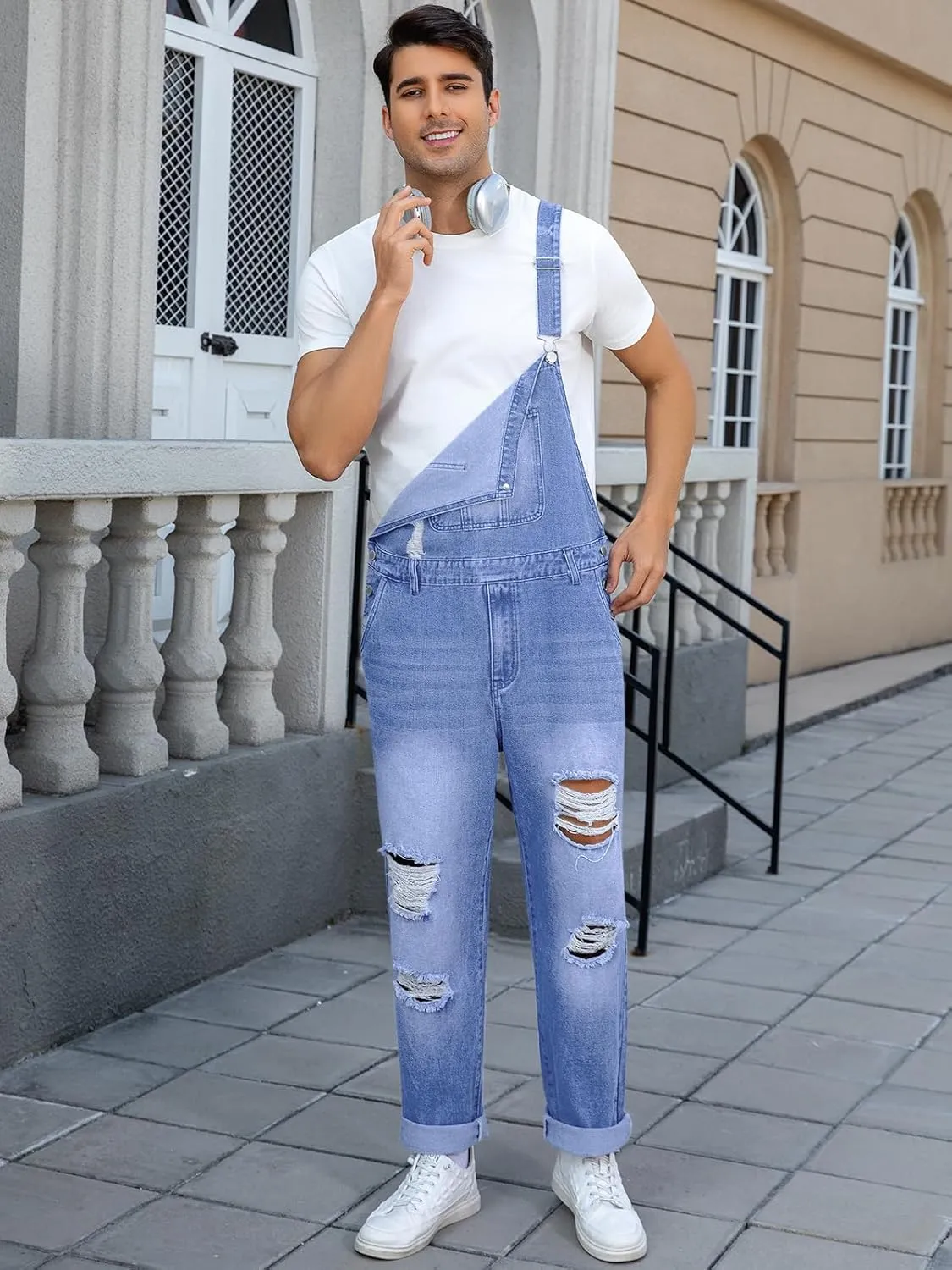 Runcati Men's Denim Bib Overall Ripped Distressed Jean Fashion Casual Adjustable Strap Loose Fit Hippie Jumpsuit