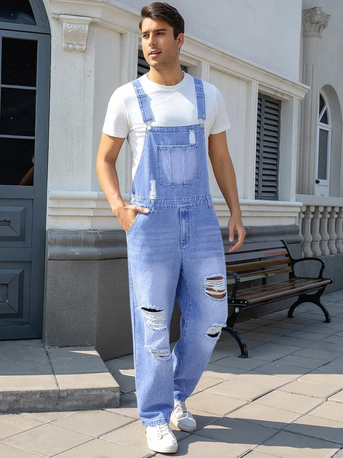 Runcati Men's Denim Bib Overall Ripped Distressed Jean Fashion Casual Adjustable Strap Loose Fit Hippie Jumpsuit