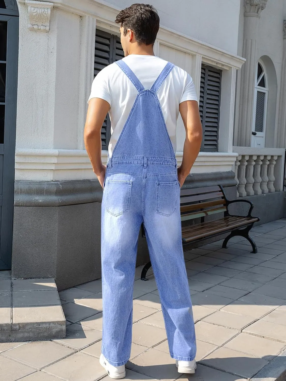 Runcati Men's Denim Bib Overall Ripped Distressed Jean Fashion Casual Adjustable Strap Loose Fit Hippie Jumpsuit