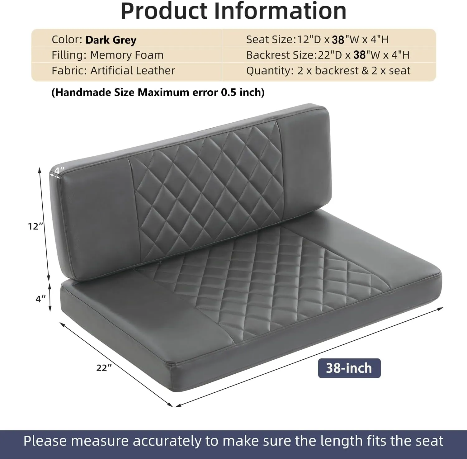 RV Dinette Cushions,2 Sets of PU Leather Replacement Camper Cushions Includes 2 Booth Seats and 2 Backrests for RV,Camper,Trailer Bed (Dark Gray,38")