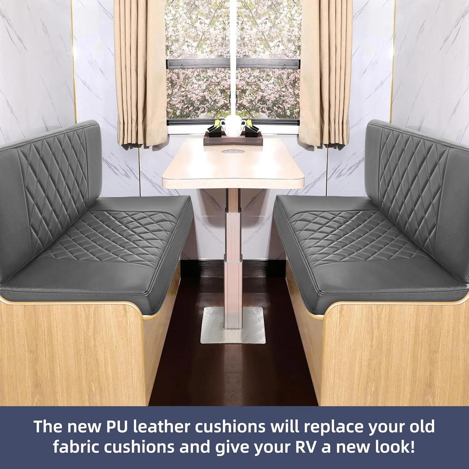 RV Dinette Cushions,2 Sets of PU Leather Replacement Camper Cushions Includes 2 Booth Seats and 2 Backrests for RV,Camper,Trailer Bed (Dark Gray,38")