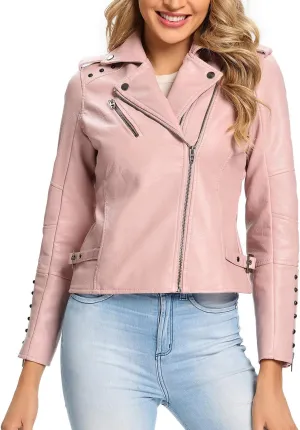 S P Y M Womens Faux Leather Jacket, Double Zip Up Coat, Moto Biker Outwear with Rivets, Regular and Plus Size
