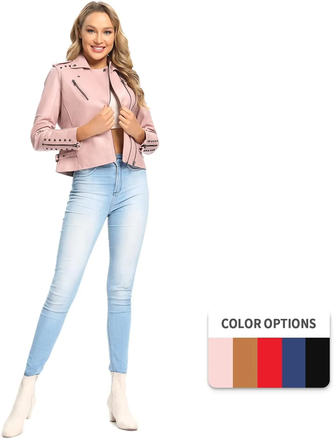 S P Y M Womens Faux Leather Jacket, Double Zip Up Coat, Moto Biker Outwear with Rivets, Regular and Plus Size