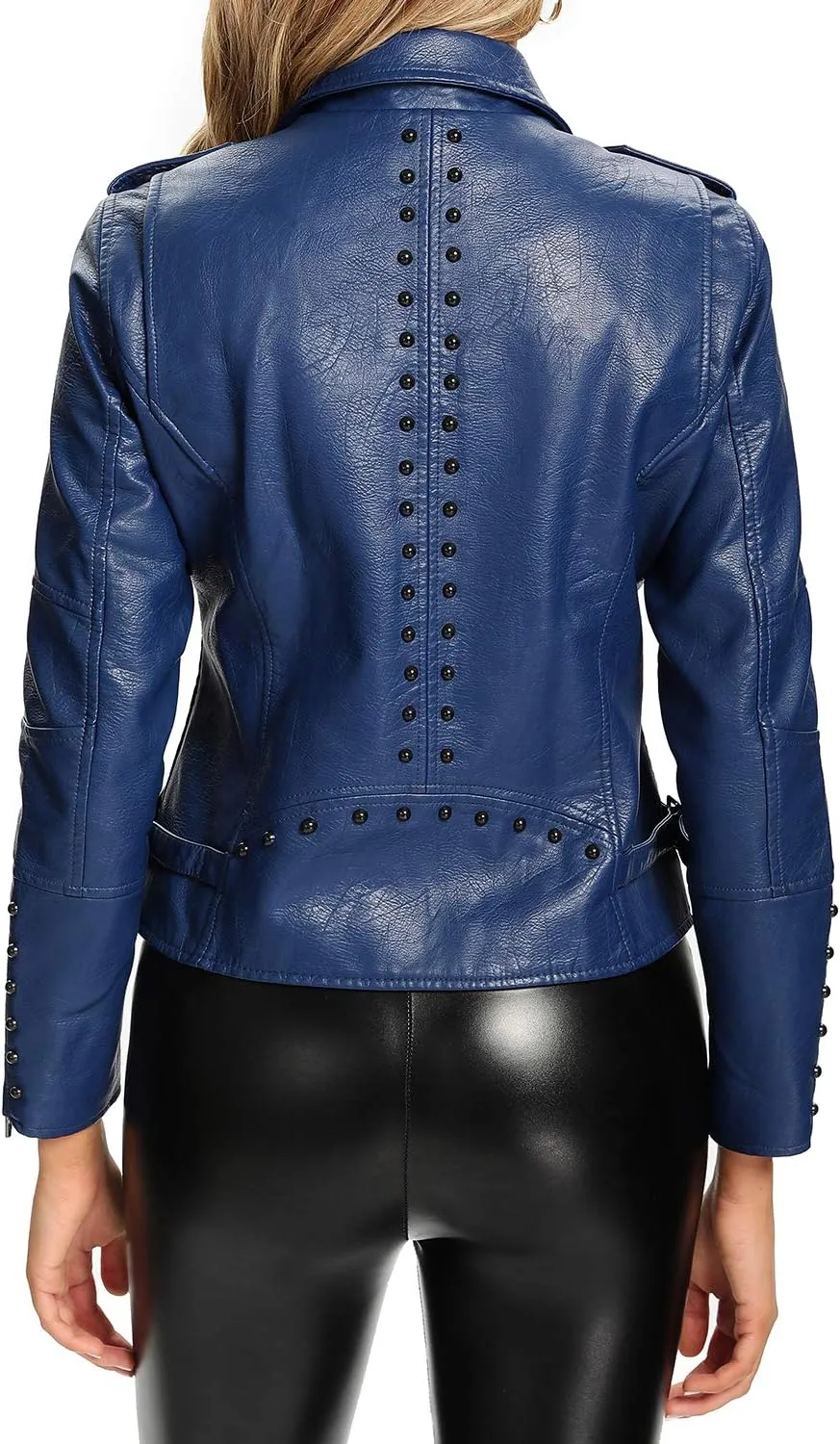 S P Y M Womens Faux Leather Jacket, Double Zip Up Coat, Moto Biker Outwear with Rivets, Regular and Plus Size