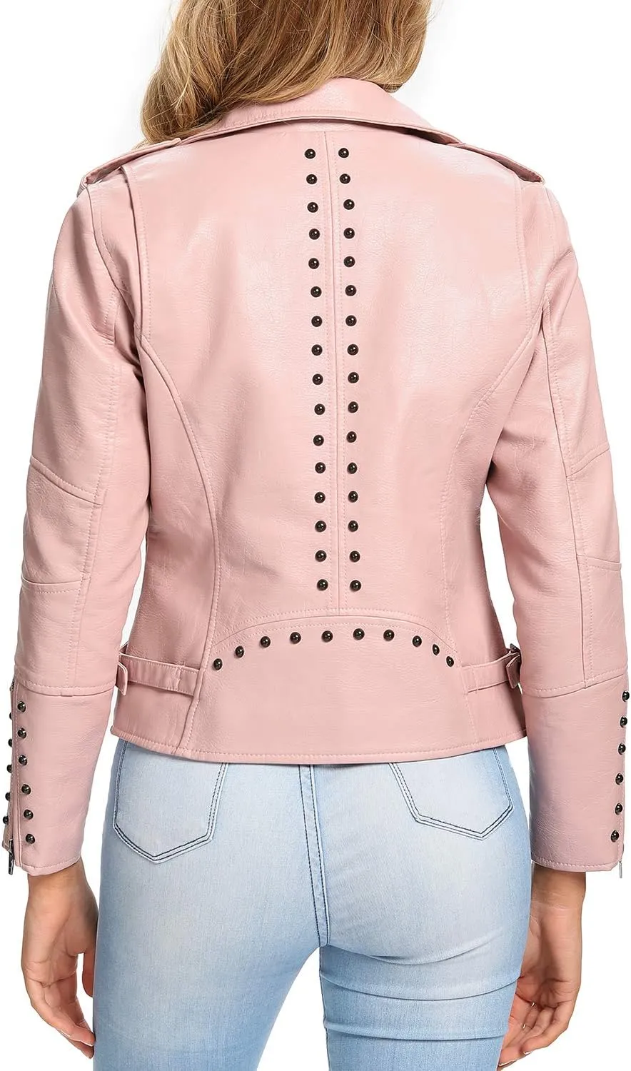 S P Y M Womens Faux Leather Jacket, Double Zip Up Coat, Moto Biker Outwear with Rivets, Regular and Plus Size