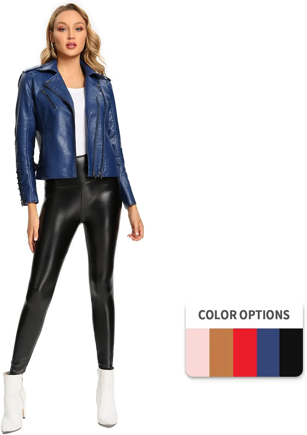 S P Y M Womens Faux Leather Jacket, Double Zip Up Coat, Moto Biker Outwear with Rivets, Regular and Plus Size
