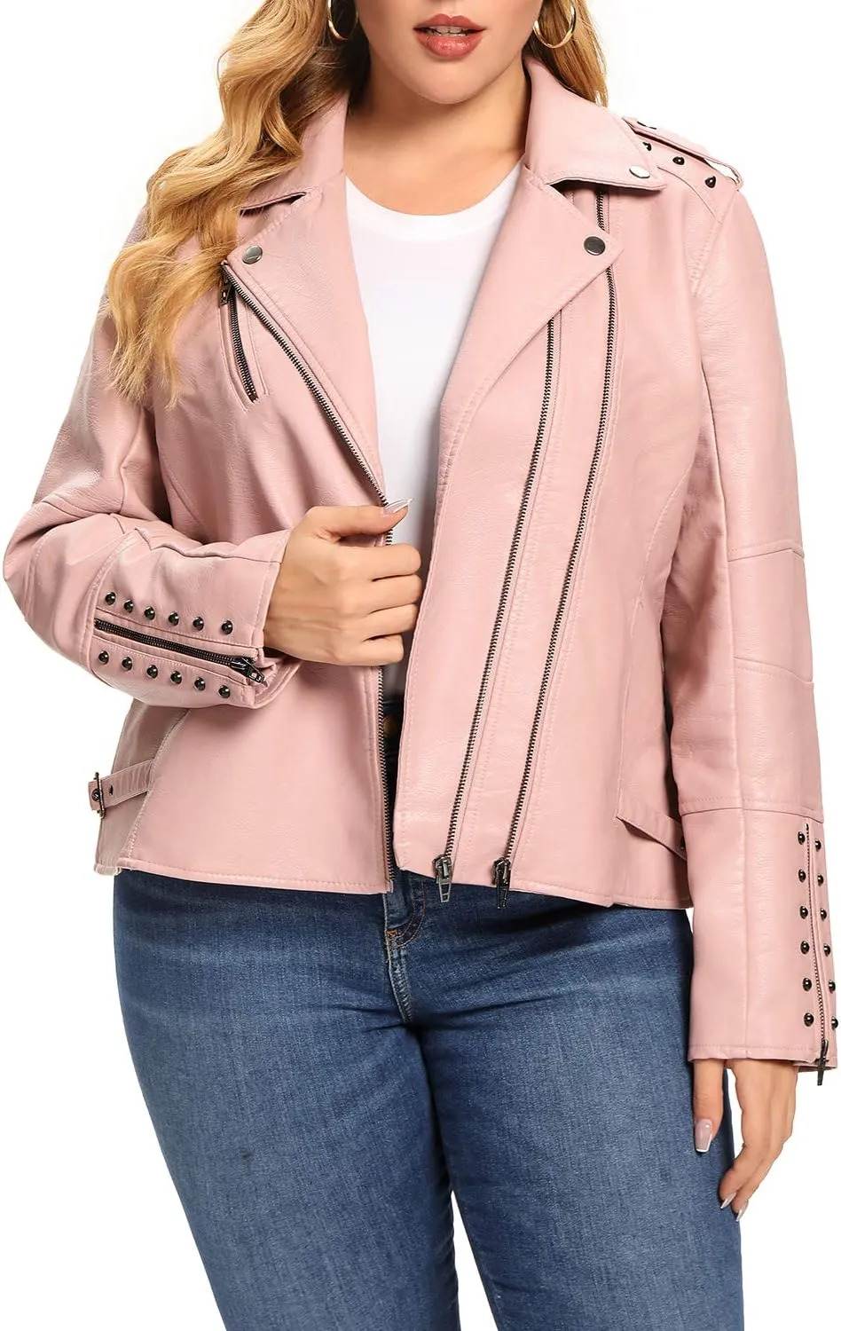 S P Y M Womens Faux Leather Jacket, Double Zip Up Coat, Moto Biker Outwear with Rivets, Regular and Plus Size
