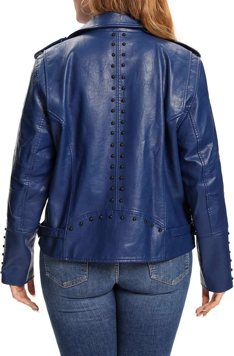S P Y M Womens Faux Leather Jacket, Double Zip Up Coat, Moto Biker Outwear with Rivets, Regular and Plus Size