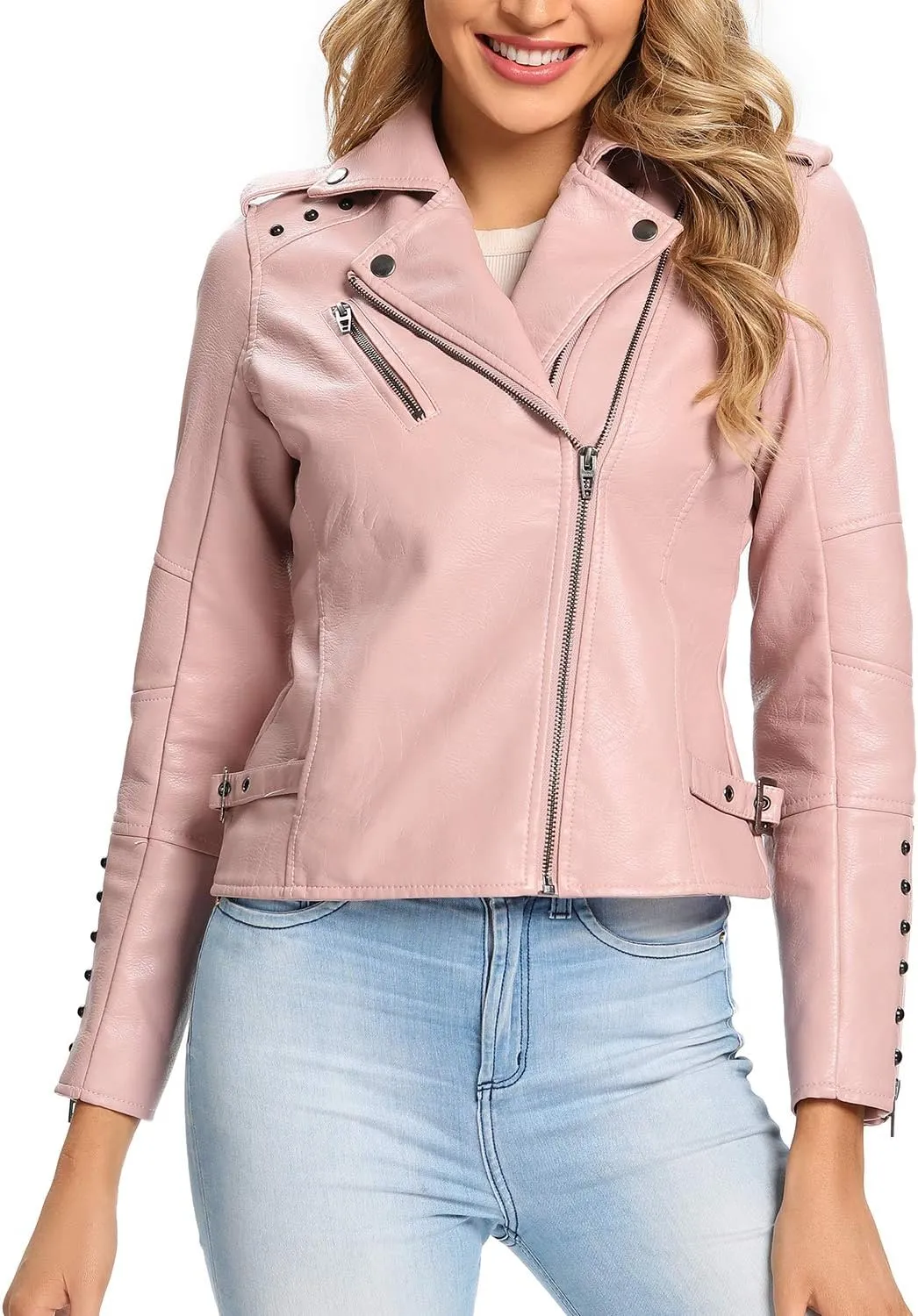 S P Y M Womens Faux Leather Jacket, Double Zip Up Coat, Moto Biker Outwear with Rivets, Regular and Plus Size