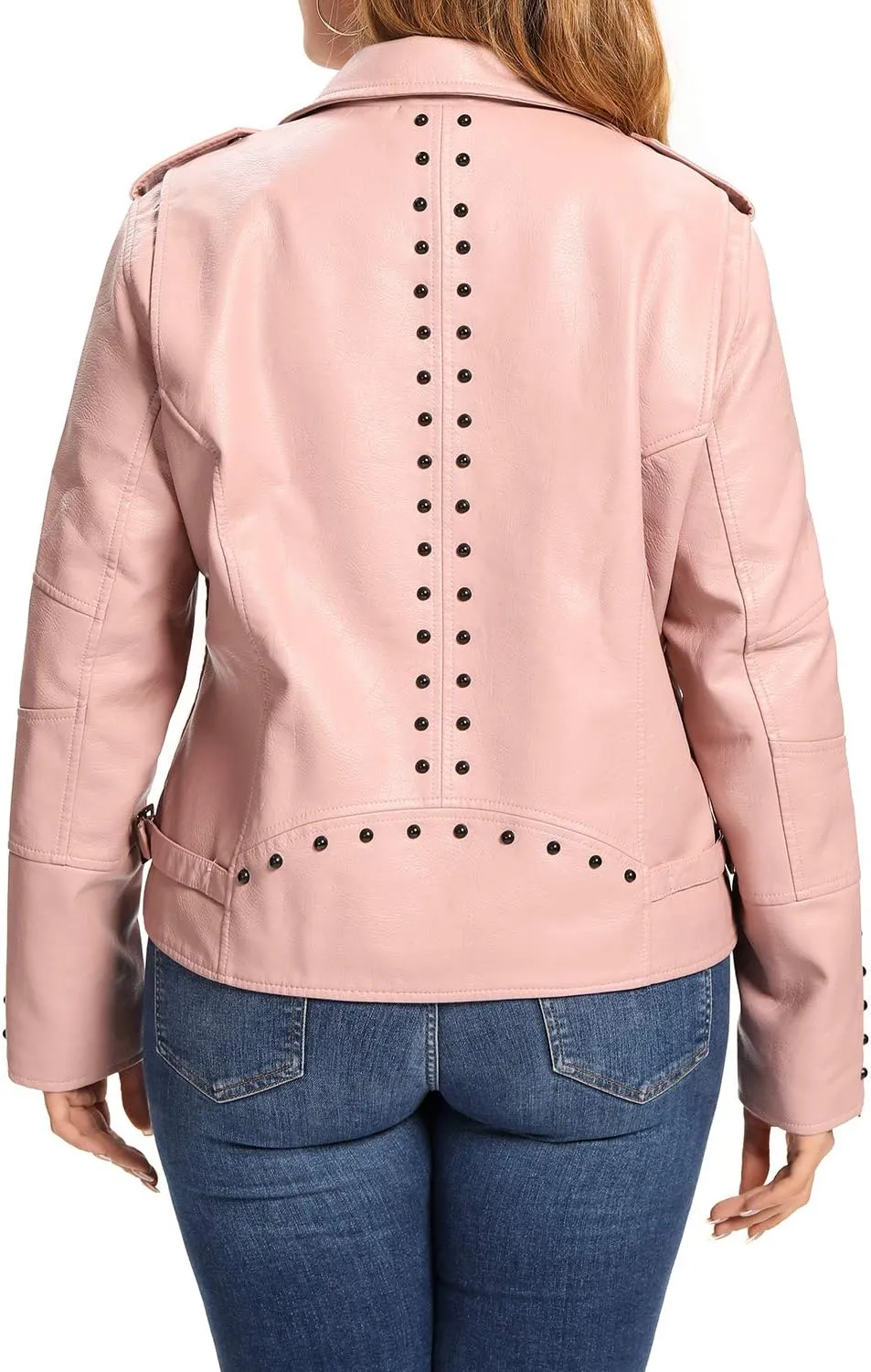 S P Y M Womens Faux Leather Jacket, Double Zip Up Coat, Moto Biker Outwear with Rivets, Regular and Plus Size