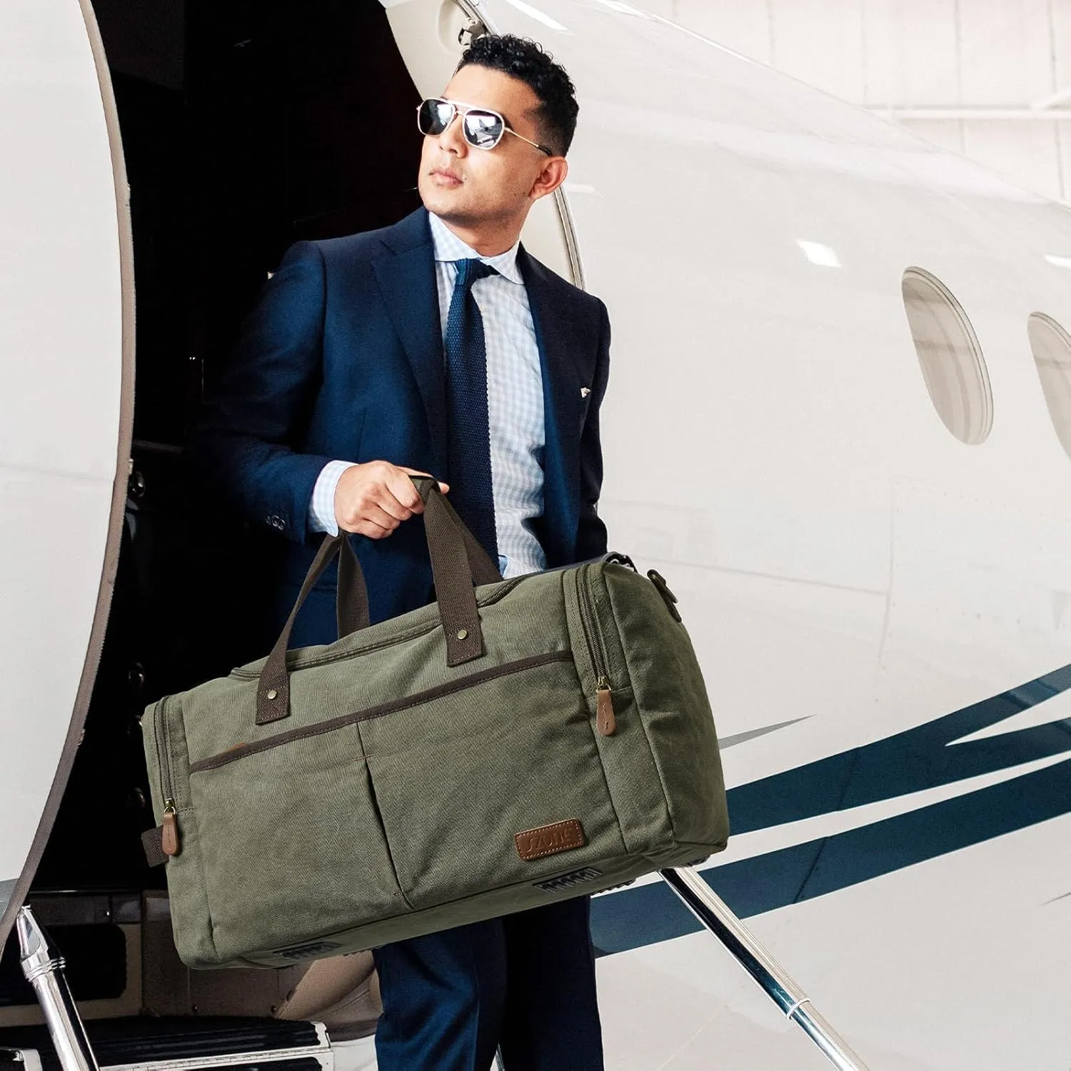 S-ZONE Large Canvas Travel Duffel Bag Weekend Overnight Bag with Shoes Compartment Holdall Gym Bag with Multi-Pockets for Men and Women, Army Green, X-Large