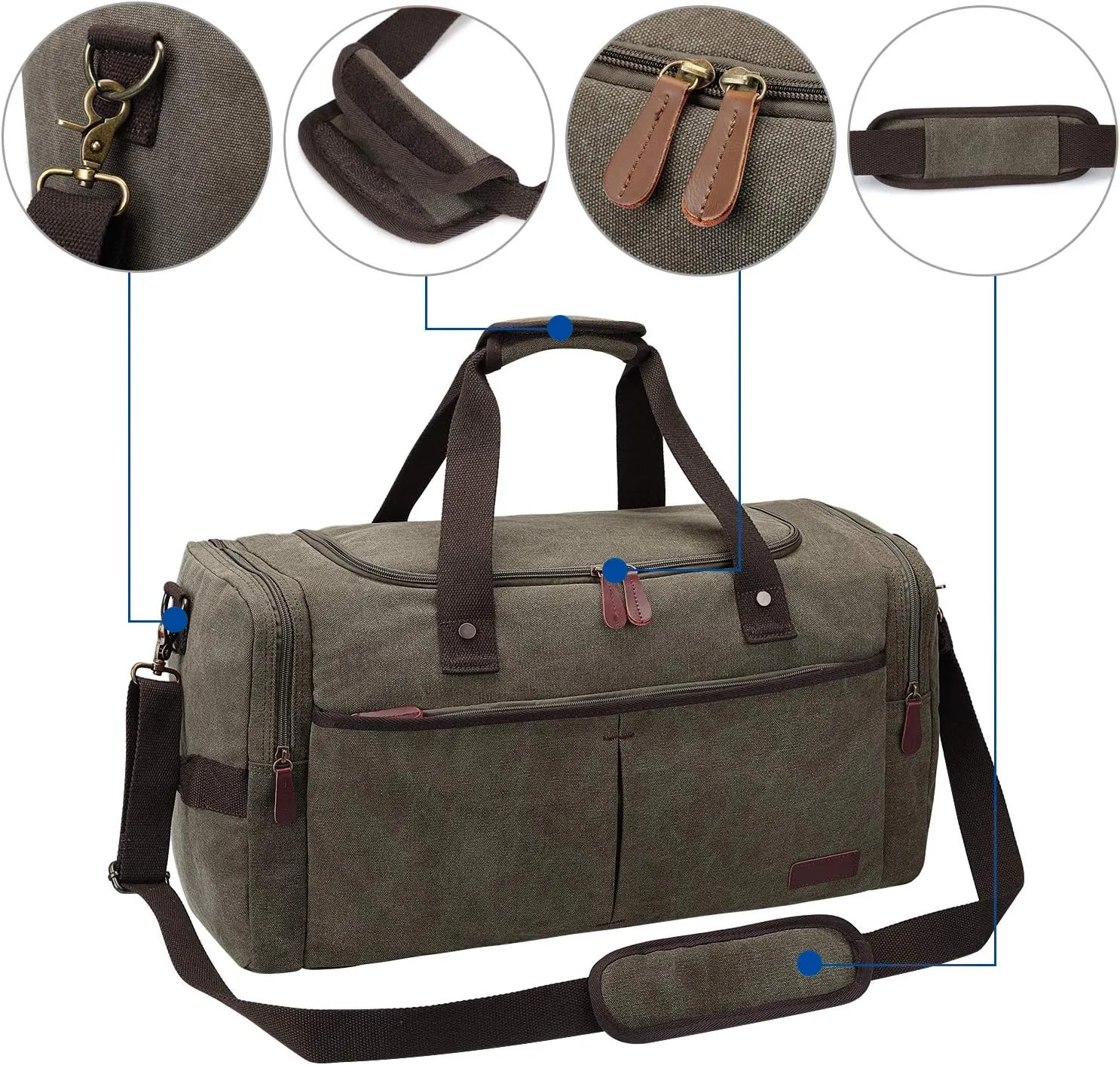 S-ZONE Large Canvas Travel Duffel Bag Weekend Overnight Bag with Shoes Compartment Holdall Gym Bag with Multi-Pockets for Men and Women, Army Green, X-Large