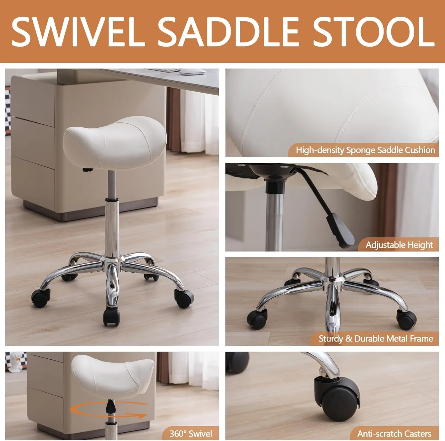 Saddle Stool, Swivel Saddle Stool with Wheels, Adjustable Rolling Stool 18"-26", Faux Leather Rolling Stool for Salon, Massage, Clinic, Lab, Office (White, 1PCS (18"-26"))