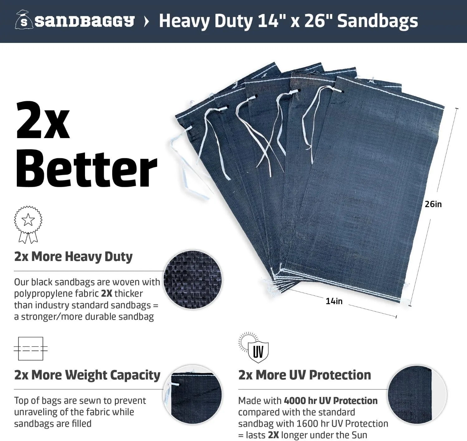 Sandbaggy Black Sandbags | Military Grade Empty Poly Bags | 14 Inch x 26 Inch | Tough 100 LB Weight Capacity | Great For Use As Truck Weight | Protects Homes From Flooding (20 Bags)