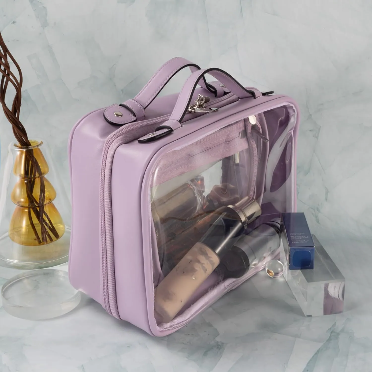 SANHECUN traveling toiletry Case large clear cosmetics case makeup bag (Purple, Medium)