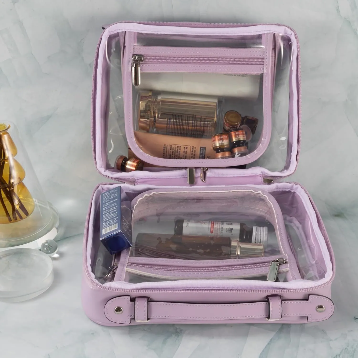 SANHECUN traveling toiletry Case large clear cosmetics case makeup bag (Purple, Medium)