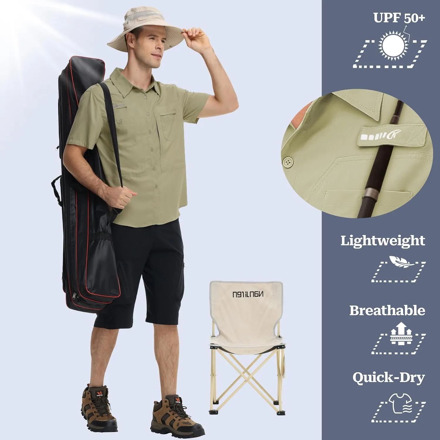 Satankud Men's Short Sleeve Lightweight Fishing Shirt UPF 50  Sun Protection Hiking Travel Work Button Down Shirt Zip Pocket