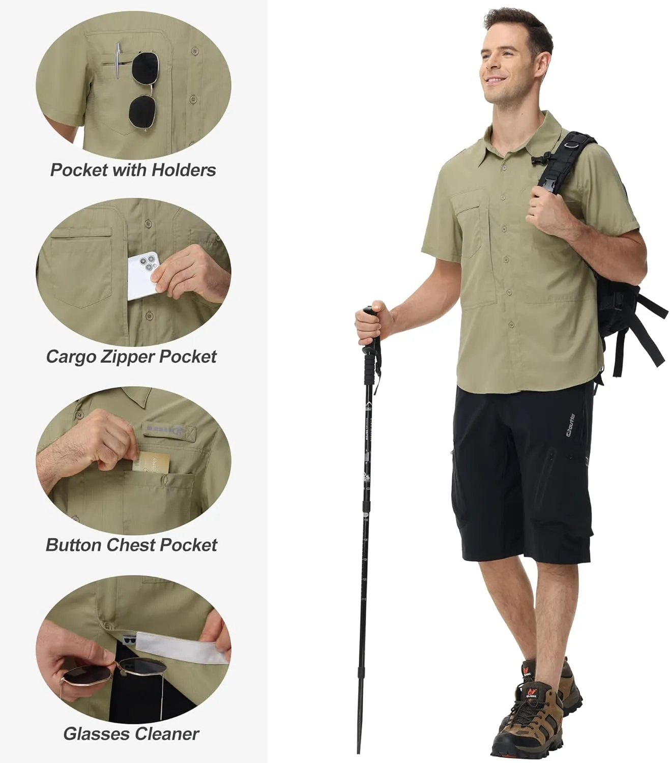 Satankud Men's Short Sleeve Lightweight Fishing Shirt UPF 50  Sun Protection Hiking Travel Work Button Down Shirt Zip Pocket
