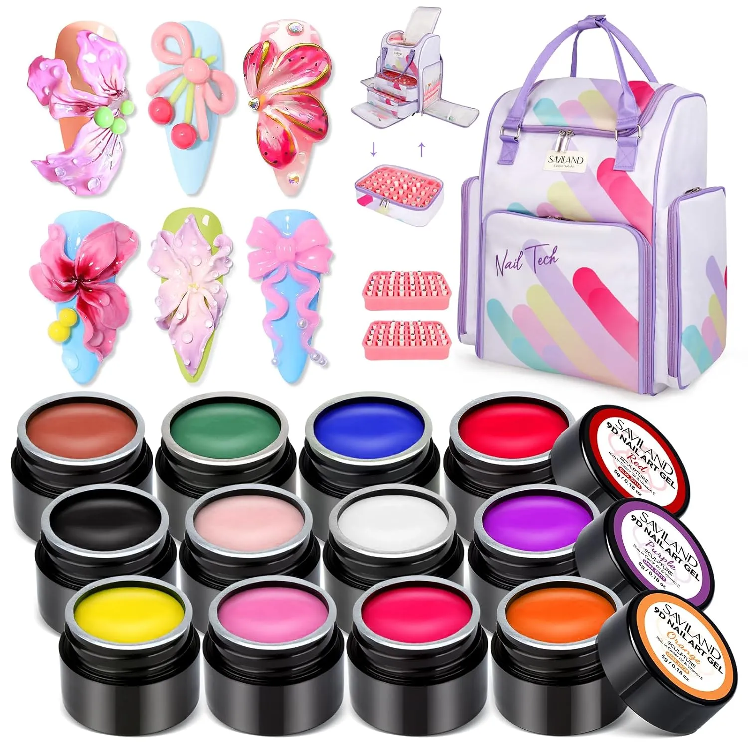 SAVILAND 12 Colors Non-Sticky 3D Gel Sculpting Gel for Nail Art Design with Nail Organizers and Storage Bag Holds 80 Bottles & Nail Lamp