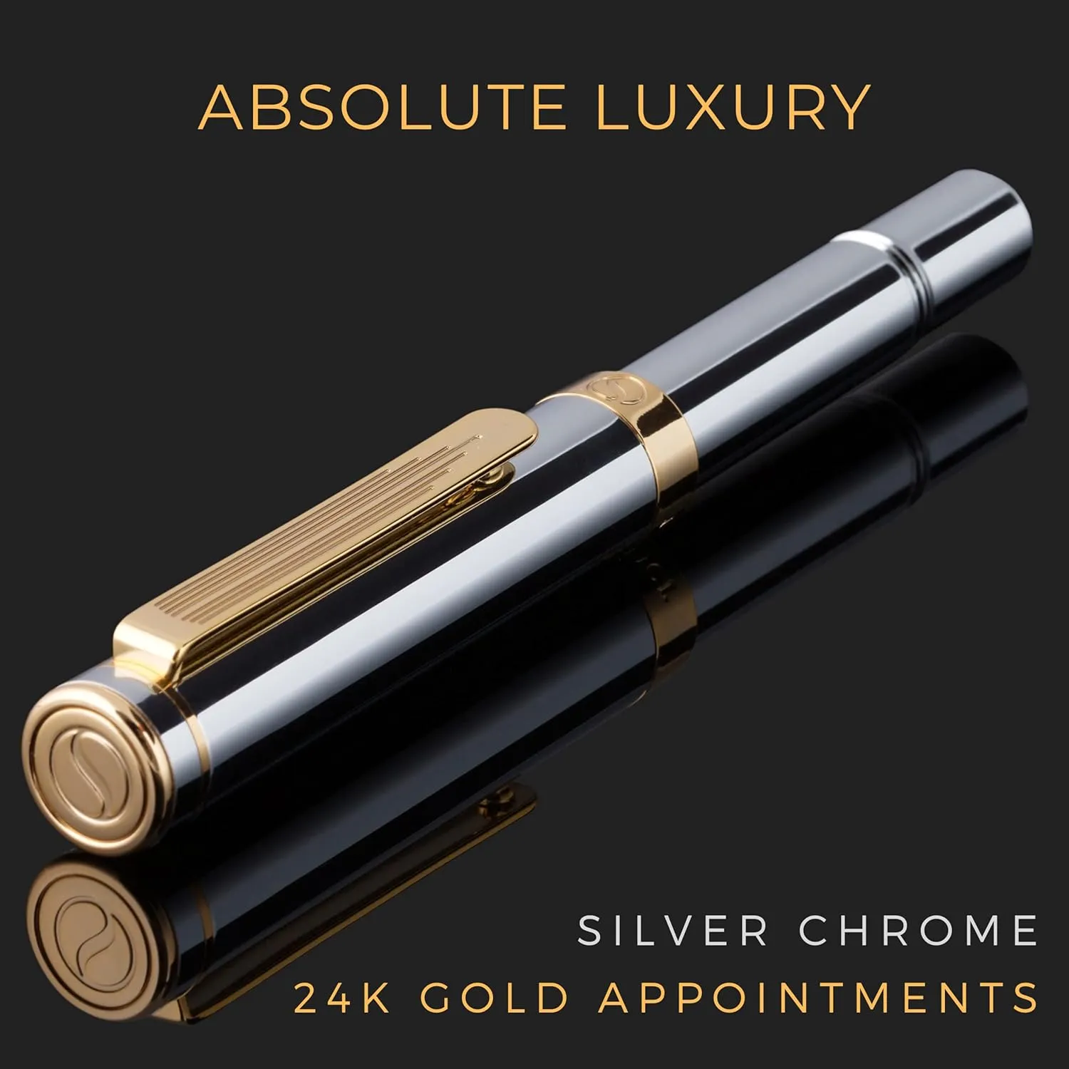 Scriveiner Silver Chrome Fountain Pen (Medium), Award Winning Luxury Pen, Heavy Pocket Pen with 24K Gold Finish, Schmidt Nib, Converter, Best EDC Writing Pen Gift Set for Men & Women, Nice Fancy Pen