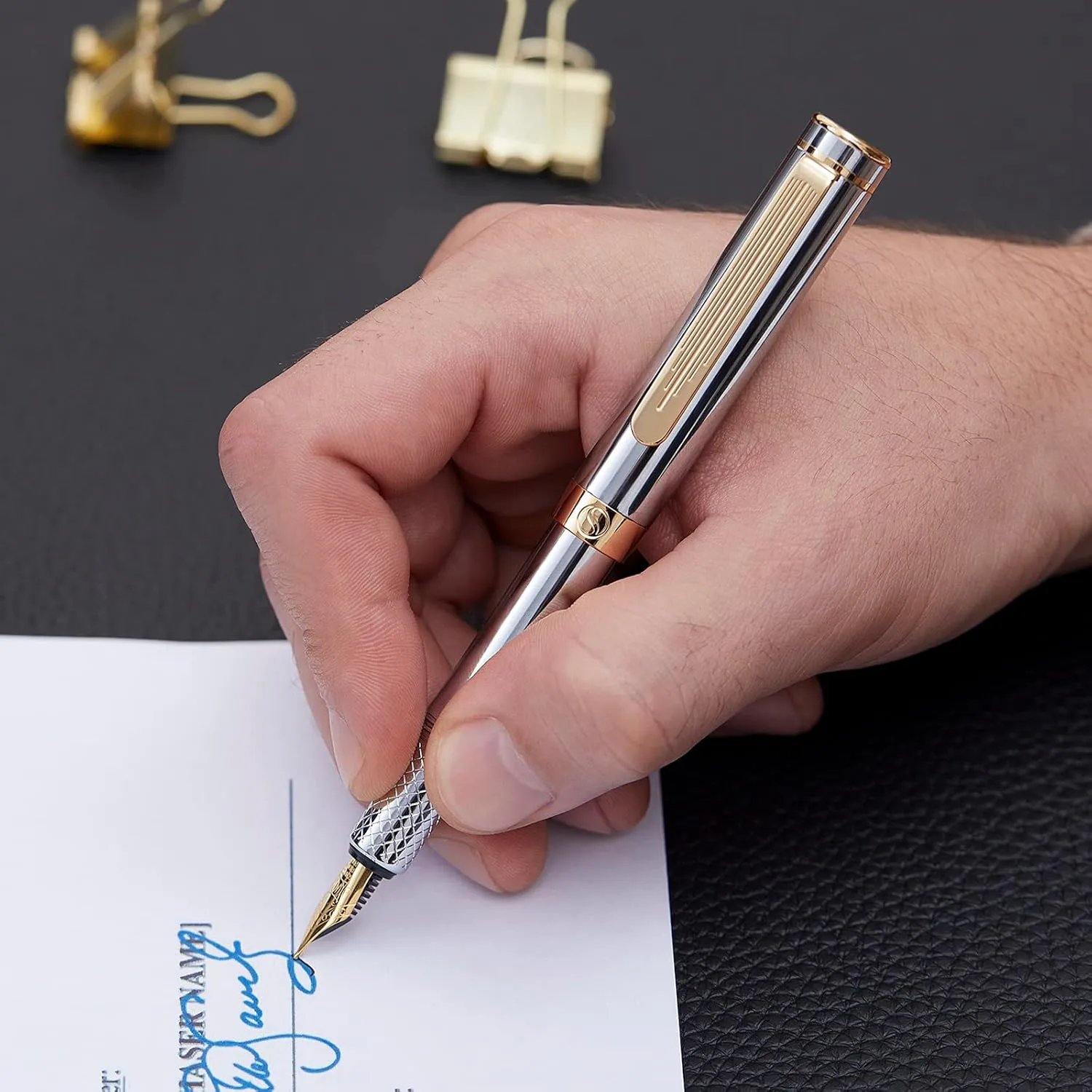 Scriveiner Silver Chrome Fountain Pen (Medium), Award Winning Luxury Pen, Heavy Pocket Pen with 24K Gold Finish, Schmidt Nib, Converter, Best EDC Writing Pen Gift Set for Men & Women, Nice Fancy Pen