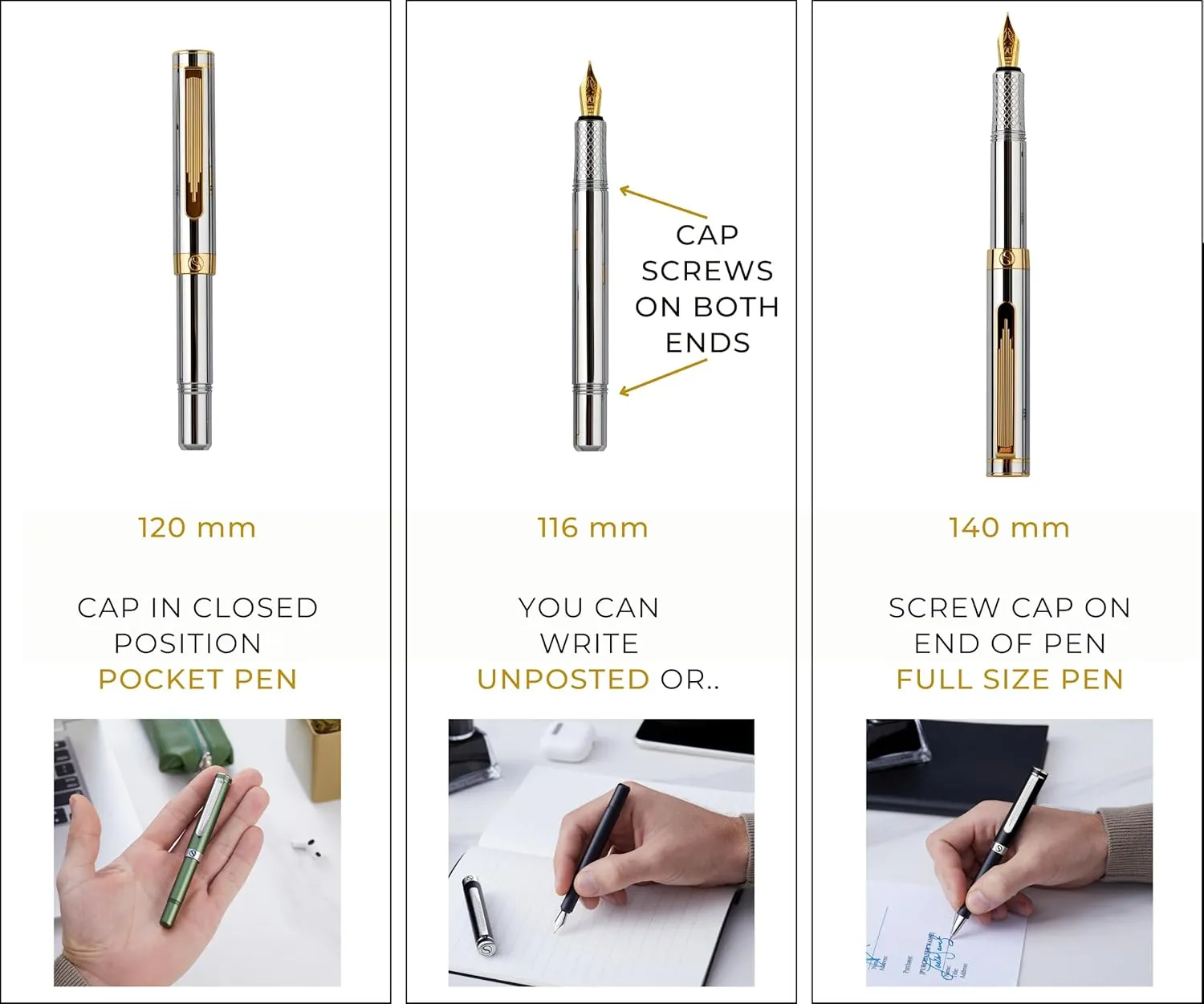 Scriveiner Silver Chrome Fountain Pen (Medium), Award Winning Luxury Pen, Heavy Pocket Pen with 24K Gold Finish, Schmidt Nib, Converter, Best EDC Writing Pen Gift Set for Men & Women, Nice Fancy Pen