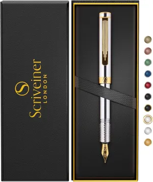 Scriveiner Silver Chrome Fountain Pen (Medium), Award Winning Luxury Pen, Heavy Pocket Pen with 24K Gold Finish, Schmidt Nib, Converter, Best EDC Writing Pen Gift Set for Men & Women, Nice Fancy Pen