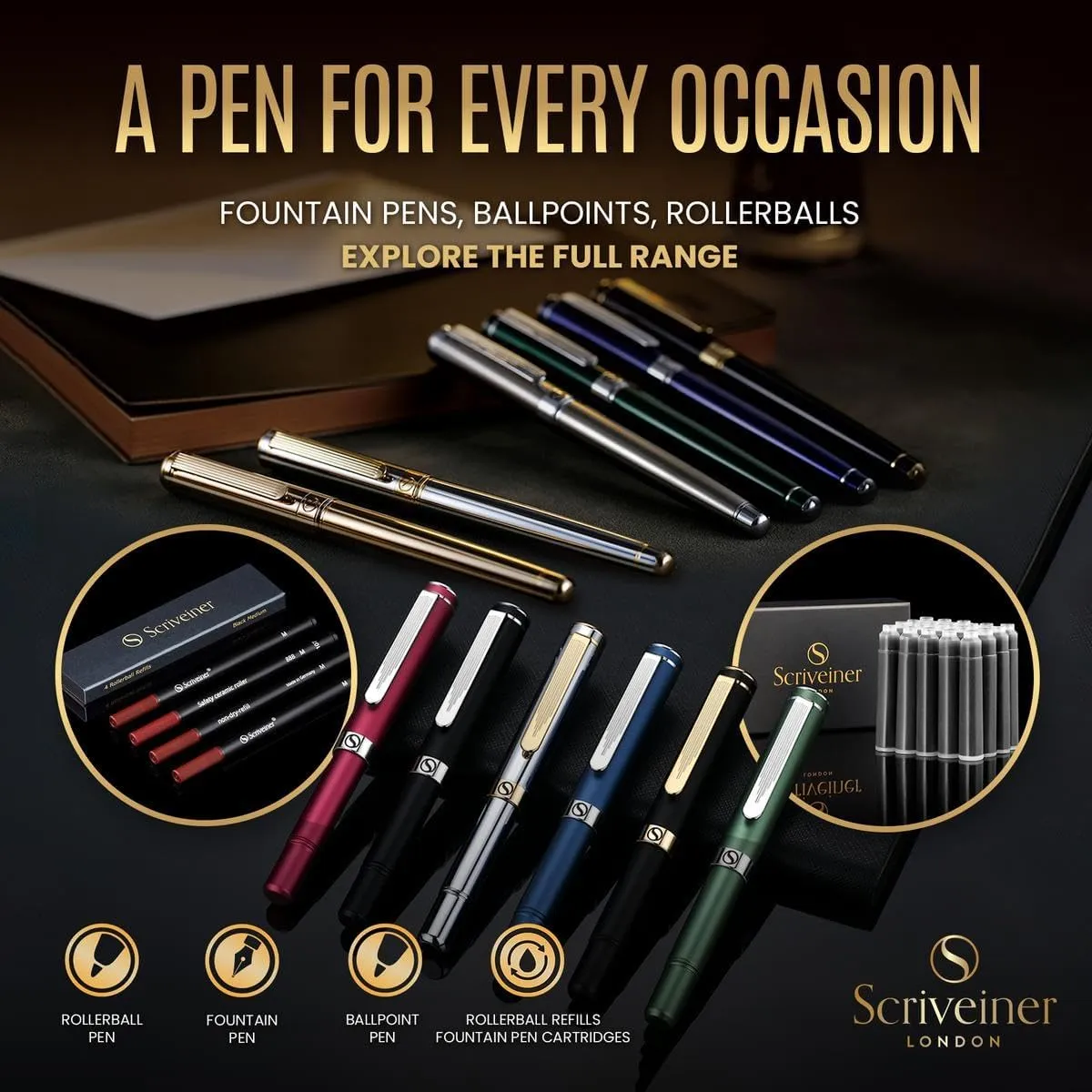 Scriveiner Silver Chrome Fountain Pen (Medium), Award Winning Luxury Pen, Heavy Pocket Pen with 24K Gold Finish, Schmidt Nib, Converter, Best EDC Writing Pen Gift Set for Men & Women, Nice Fancy Pen