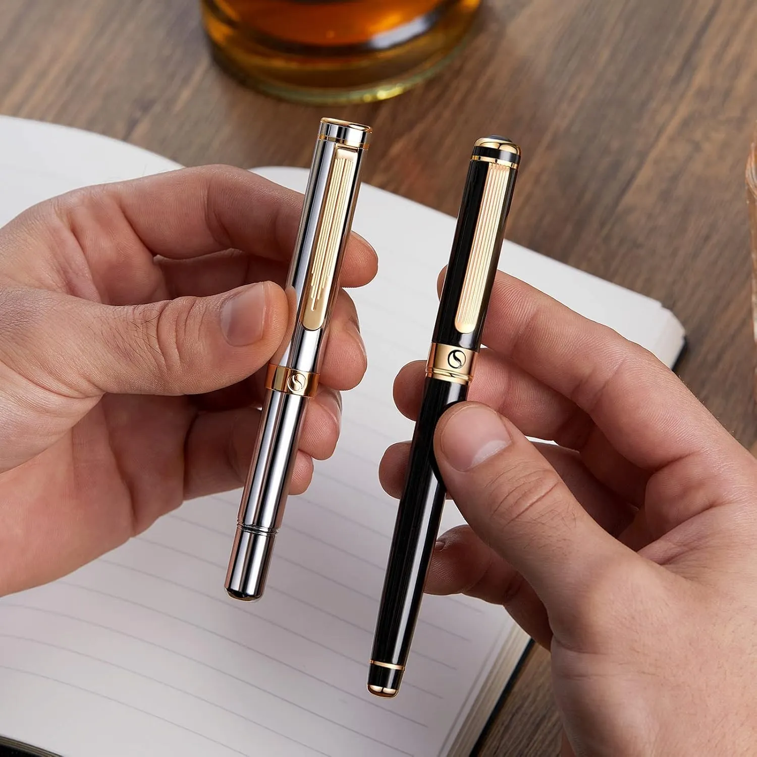 Scriveiner Silver Chrome Fountain Pen (Medium), Award Winning Luxury Pen, Heavy Pocket Pen with 24K Gold Finish, Schmidt Nib, Converter, Best EDC Writing Pen Gift Set for Men & Women, Nice Fancy Pen