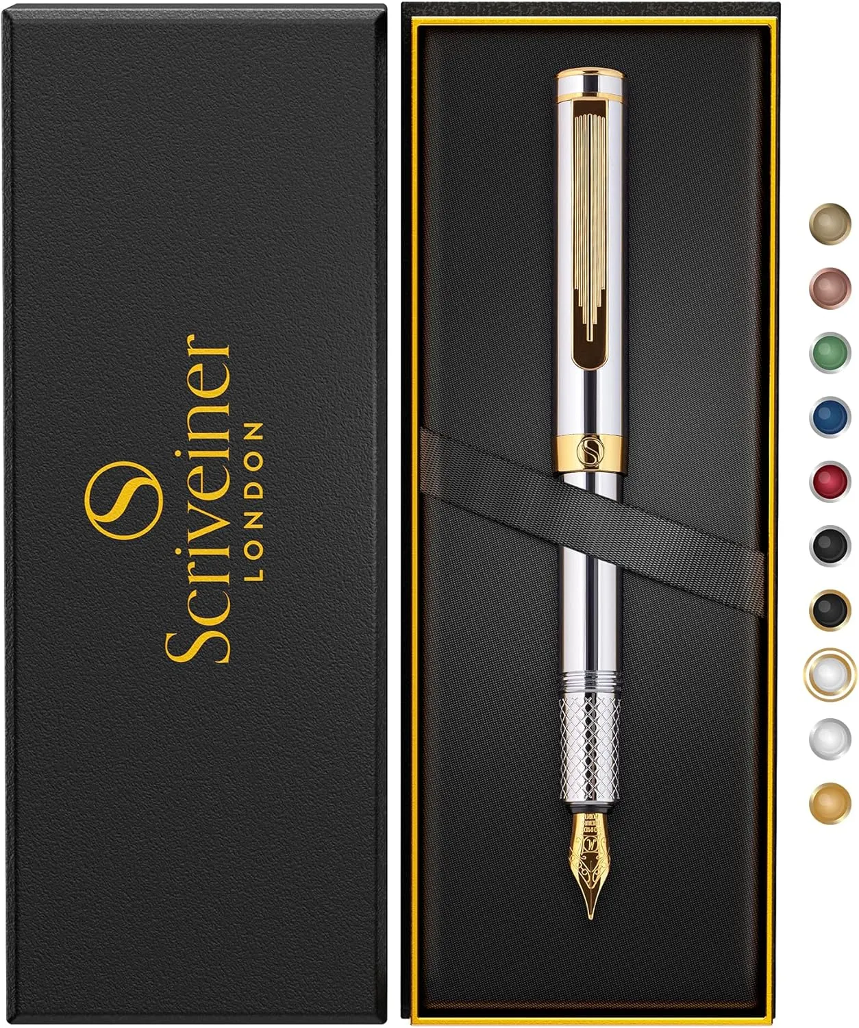 Scriveiner Silver Chrome Fountain Pen (Medium), Award Winning Luxury Pen, Heavy Pocket Pen with 24K Gold Finish, Schmidt Nib, Converter, Best EDC Writing Pen Gift Set for Men & Women, Nice Fancy Pen