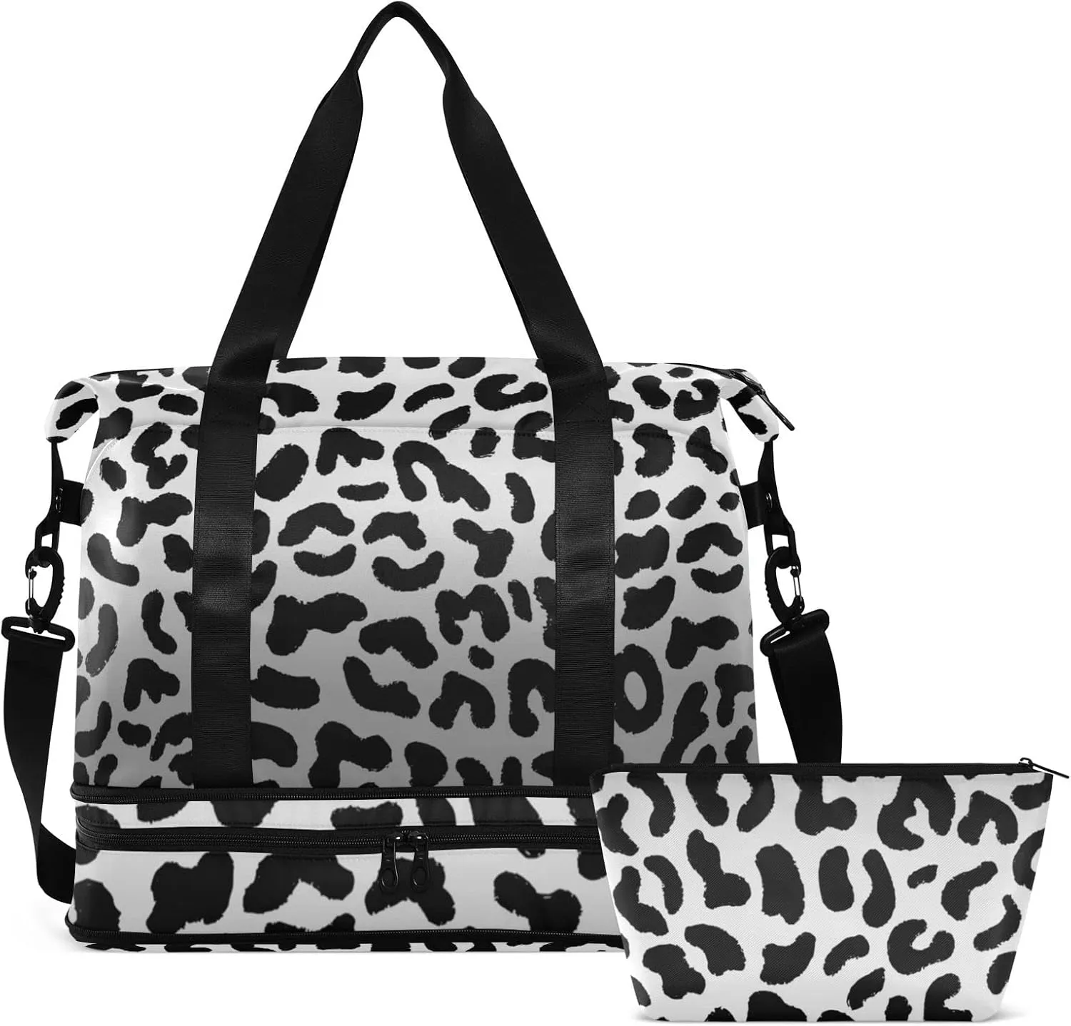 Seamless Black White Gradient Leopard Print 80s 90s Style Foldable Travel Bag, Camping Luggage bag, Portable Gym Bag, Sports Bag, Toiletry Bag with Handles Adjustable Shoulder Strap
