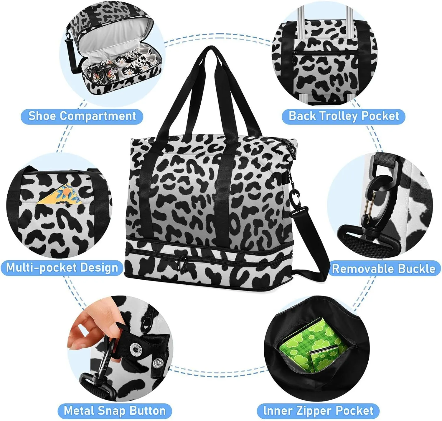 Seamless Black White Gradient Leopard Print 80s 90s Style Foldable Travel Bag, Camping Luggage bag, Portable Gym Bag, Sports Bag, Toiletry Bag with Handles Adjustable Shoulder Strap